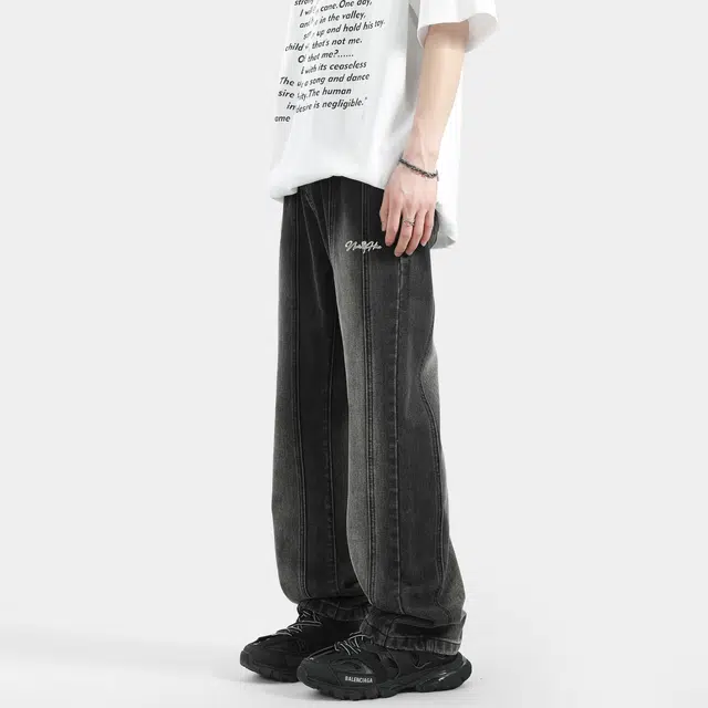 【微喇弹力免烫】布客行 美式高街复古重工水洗做旧长裤子可拆卸别针宽松显高显瘦阔腿学院风休闲百搭纯色柔软舒适华棉牛仔裤 男女同款