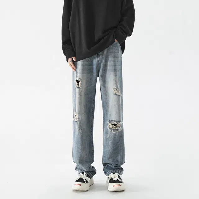【猫须纹破洞】布客行 美式潮牌出纯色废土风磨破设计感通勤长裤子宽松大码阔腿显瘦显高港风高街小众百搭学院风牛仔裤 男女同款