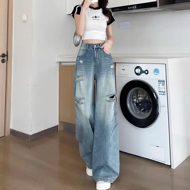 布客行 美式破洞遮肉显高显瘦复古直筒阔腿宽松舒适休闲百搭蓝色拖地垂感弯刀微喇长裤子水洗做旧设计感猫须高街柔软舒适牛仔裤 男女同款