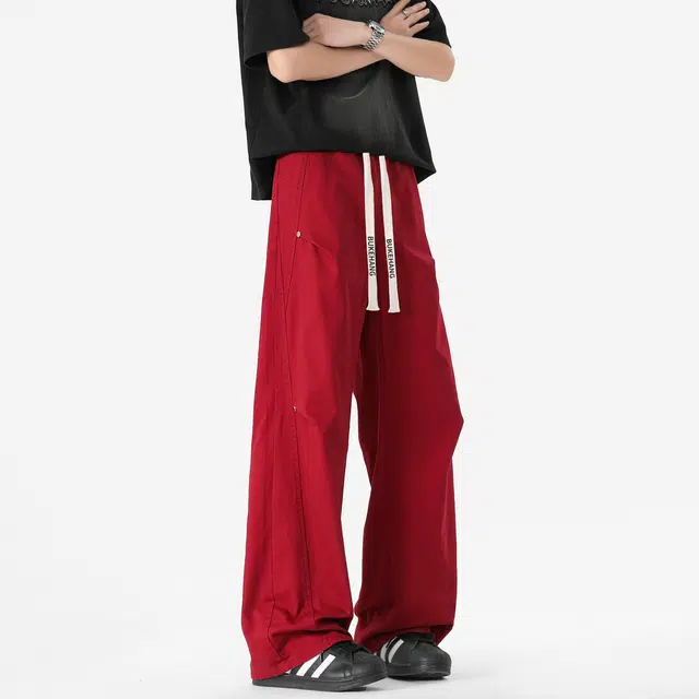 【纯棉质感遮肉显瘦】布客行 阔腿大码卫裤美式高街柔和亲肤铆钉褶皱设计感户外机能风长裤子直筒中腰抽绳伞兵裤纯色百搭休闲裤 男女同款