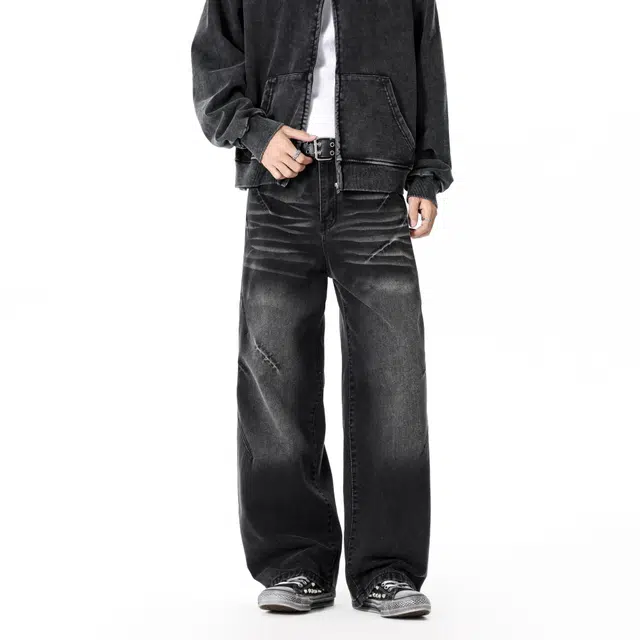 【闪电纹褶皱黑牛】布客行 磨白直筒阔腿美式高街复古水洗做旧宽松弯刀松紧腰休闲百搭显高显瘦柔软微弹舒适学院风经典牛仔裤 男女同款