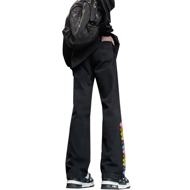 【万针刺绣系列】布客行 无性别主义重工美式复古水洗直筒基础款花卉透气高街舒适亲肤休闲百搭微喇长裤显腿长显高显瘦牛仔裤 男女同款