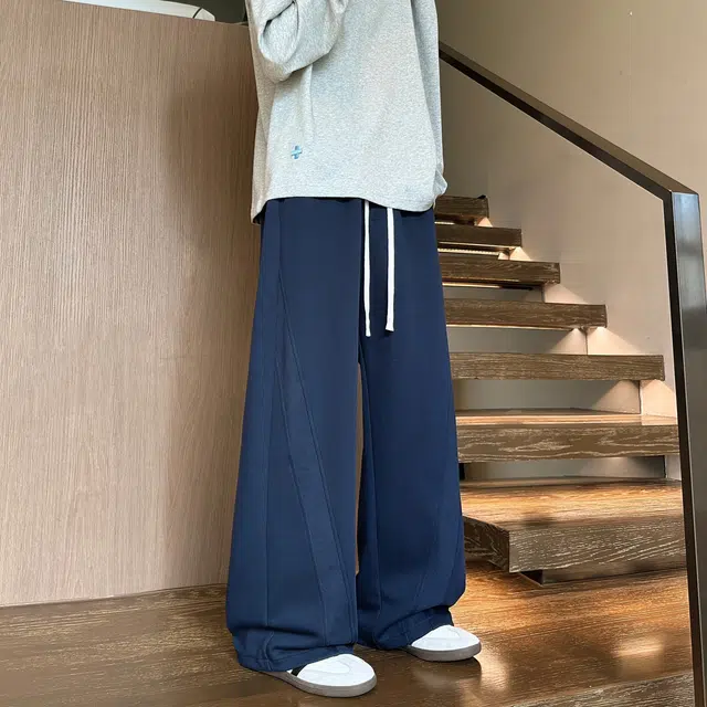 【明线拼接设计大码垂感卫裤】布客行  美式复古高街港风简约纯色基础款宽松直筒弯刀松紧系带显瘦保暖通勤百搭长裤阔腿休闲裤 男女同款