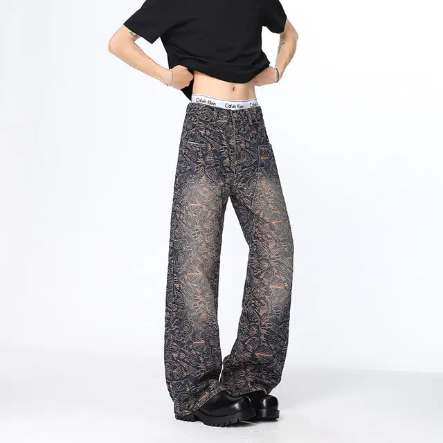 大白鲨 美式复古满印提花裤男款春秋季高街裤子炸街潮牌微喇牛仔裤 男女同款