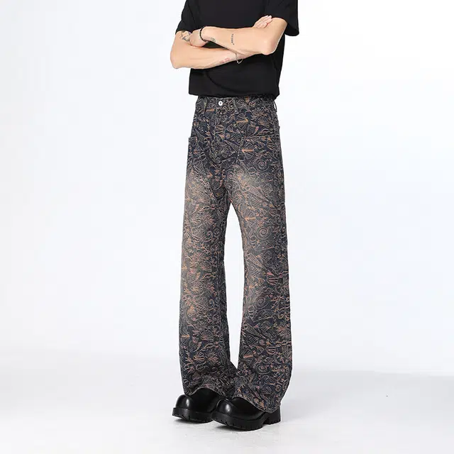 大白鲨 美式复古满印提花裤男款春秋季高街裤子炸街潮牌微喇牛仔裤 男女同款