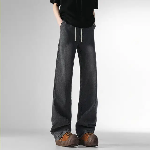 大白鲨 美式复古直筒水洗做旧裤子百搭时尚潮流纯色通勤休闲牛仔裤 男女同款
