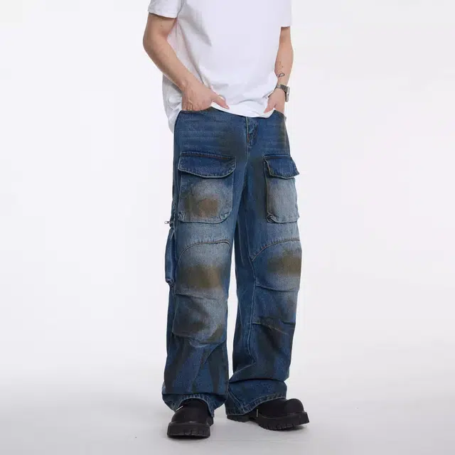 大白鲨 复古小众多口袋脏染牛仔裤 男款 蓝色