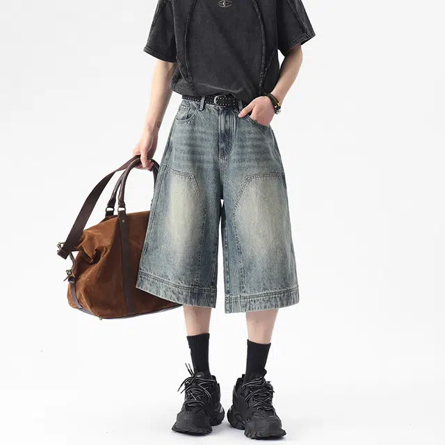 大白鲨 宽边七分时尚夏季高街潮流款牛仔短裤 男女同款