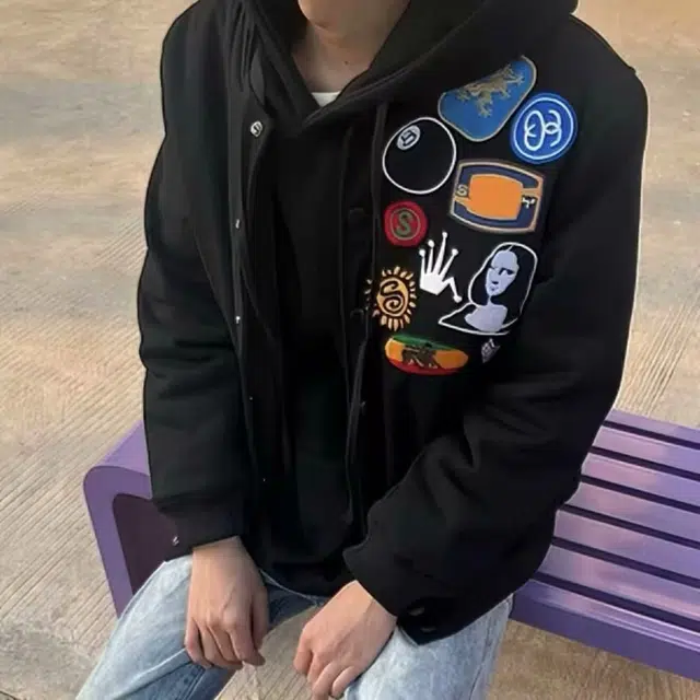 大白鲨 美式复古时尚潮流潮牌趣味卡通图案休闲宽松舒适百搭夹克外套 男女同款 黑色