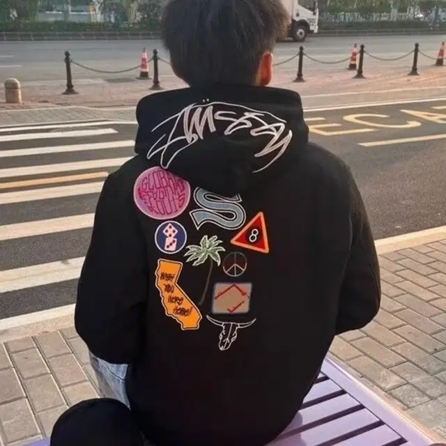 大白鲨 美式复古时尚潮流潮牌趣味卡通图案休闲宽松舒适百搭夹克外套 男女同款 黑色