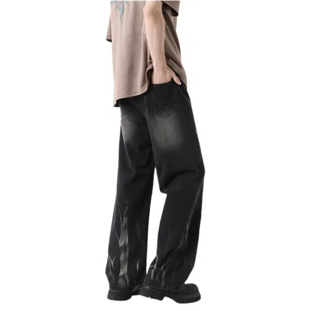 大白鲨 高街水洗做旧扎染潮流宽松直筒牛仔裤 男女同款