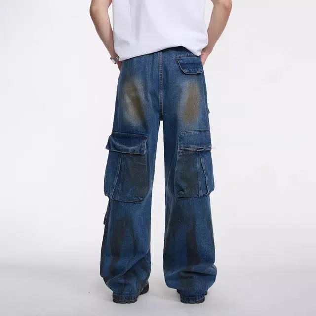 大白鲨 复古小众多口袋脏染牛仔裤 男款 蓝色