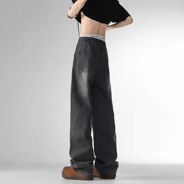大白鲨 美式复古直筒水洗做旧裤子百搭时尚潮流纯色通勤休闲牛仔裤 男女同款