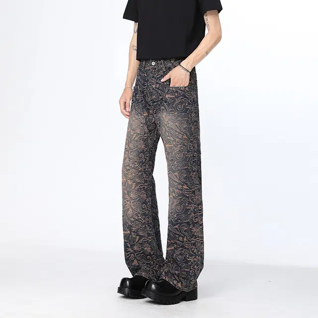 大白鲨 美式复古满印提花裤男款春秋季高街裤子炸街潮牌微喇牛仔裤 男女同款