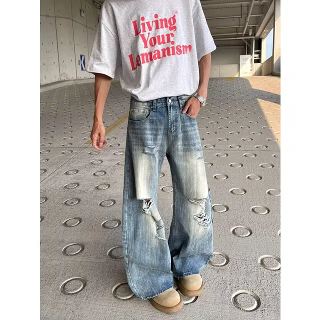 大白鲨 美式复古破洞潮牌水洗高级感宽松弯刀裤子牛仔裤 男女同款
