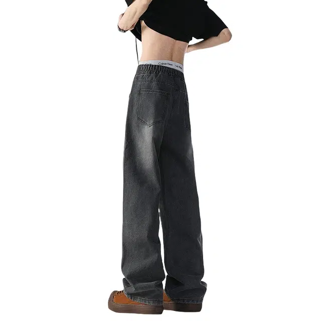 大白鲨 美式复古直筒水洗做旧裤子百搭时尚潮流纯色通勤休闲牛仔裤 男女同款