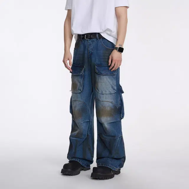 大白鲨 复古小众多口袋脏染牛仔裤 男款 蓝色