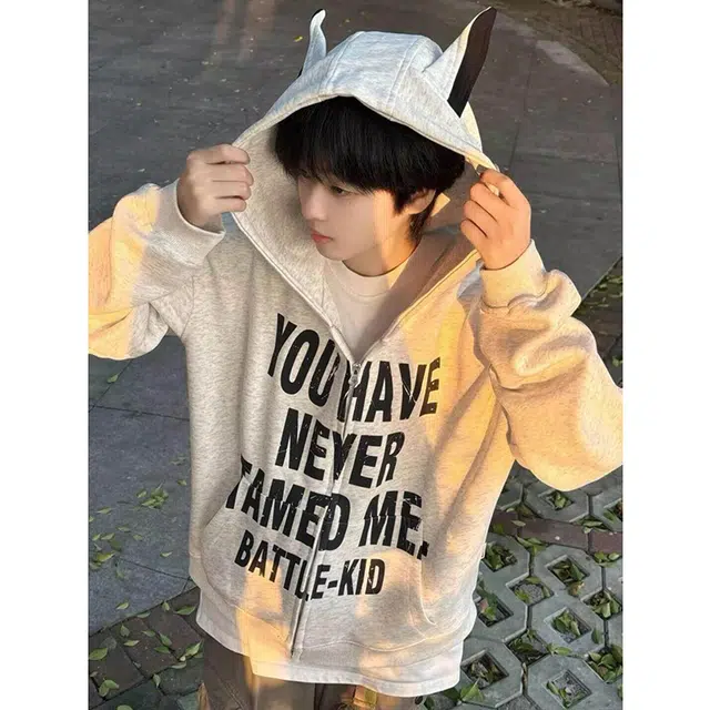 大白鲨 美式复古时尚潮流开衫连帽宽松潮牌斑驳字母小恶魔个性设计高级感拉链舒适百搭外套卫衣 男女同款