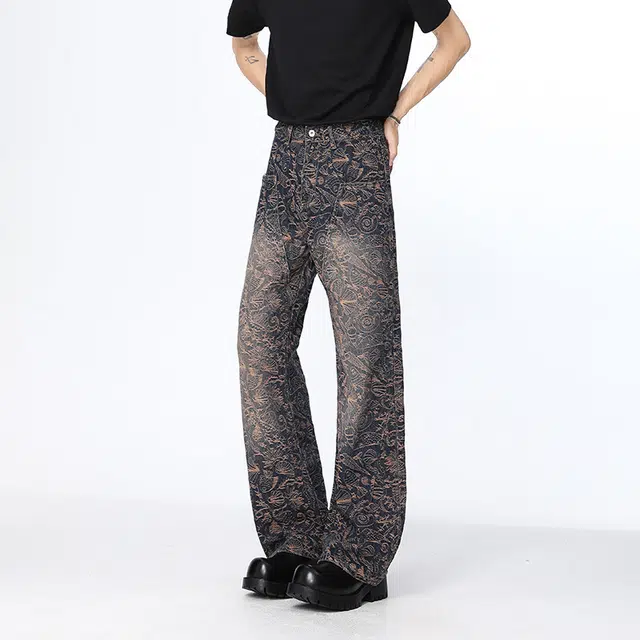 大白鲨 美式复古满印提花裤男款春秋季高街裤子炸街潮牌微喇牛仔裤 男女同款
