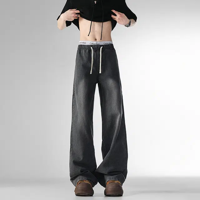 大白鲨 美式复古直筒水洗做旧裤子百搭时尚潮流纯色通勤休闲牛仔裤 男女同款