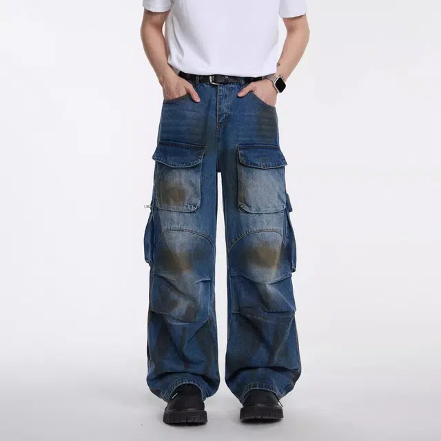 大白鲨 复古小众多口袋脏染牛仔裤 男款 蓝色