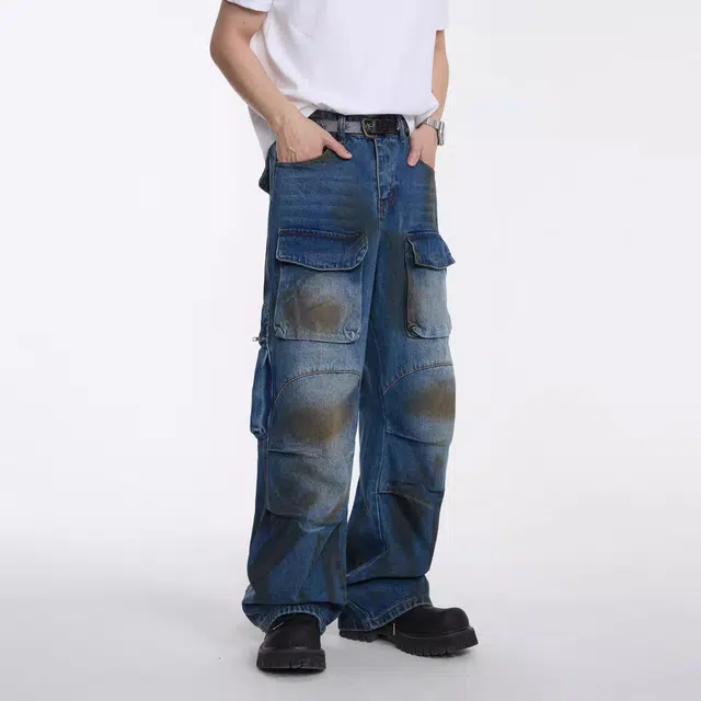 大白鲨 复古小众多口袋脏染牛仔裤 男款 蓝色