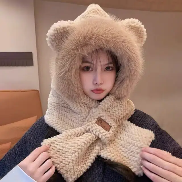 恩僾德 冬季小熊围巾骑车可爱毛绒帽子秋冬季防寒保暖护耳围脖一体 涤纶 绒线帽 男女同款情侣款