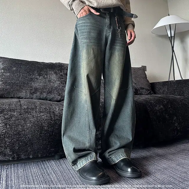 梁拌泡菜 美式廓形弯刀小众设计感牛仔裤 男女同款 复古蓝