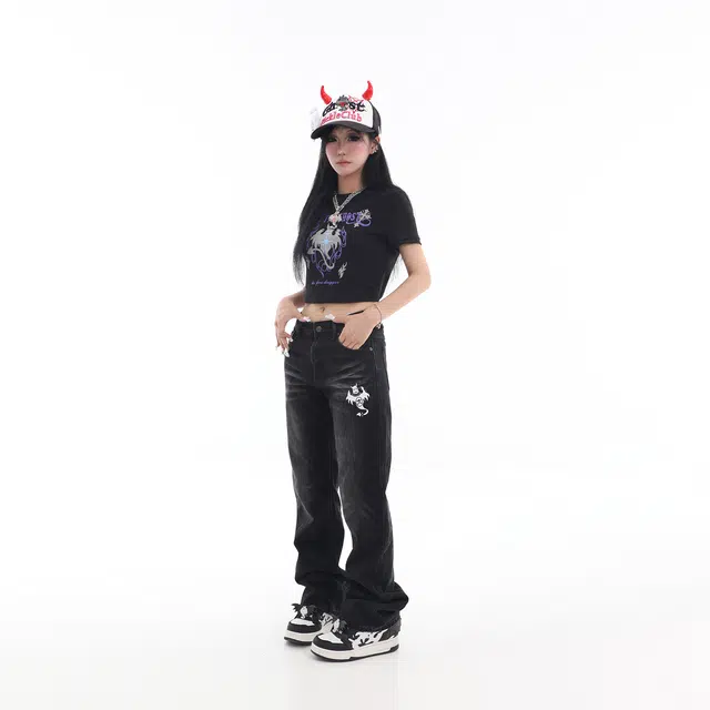 梁拌泡菜 幽灵贴布绣印花做旧洗水直筒牛仔裤 男女同款