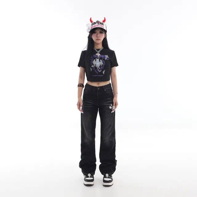 梁拌泡菜 幽灵贴布绣印花做旧洗水直筒牛仔裤 男女同款