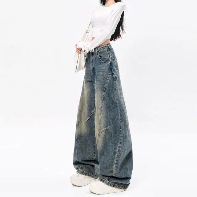 梁拌泡菜 美式廓形弯刀小众设计感牛仔裤 男女同款 复古蓝