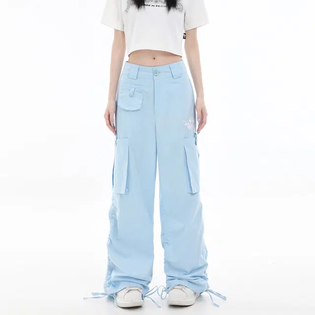 梁拌泡菜 时尚百搭舒适中腰阔腿休闲裤 男女同款 蓝色