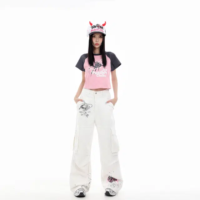 梁拌泡菜 幽灵喷墨设计感印花宽松显瘦阔腿直筒牛仔裤 男女同款