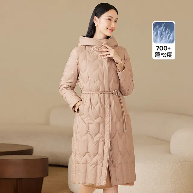 波司登 轻薄连帽长款纯色常规长袖通勤羽绒服 女款