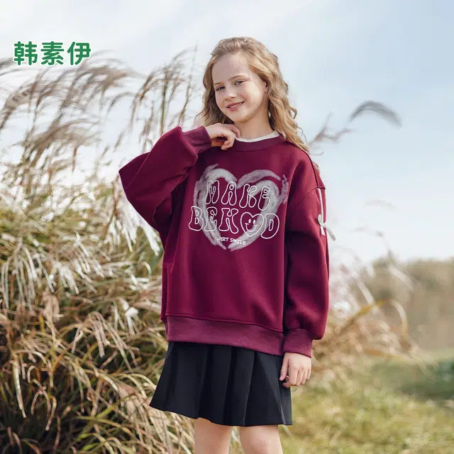 韩素伊卫衣 女童韩系字母印花蝴蝶结女宝春秋设计感加绒加厚宽松上衣冬季 青少年