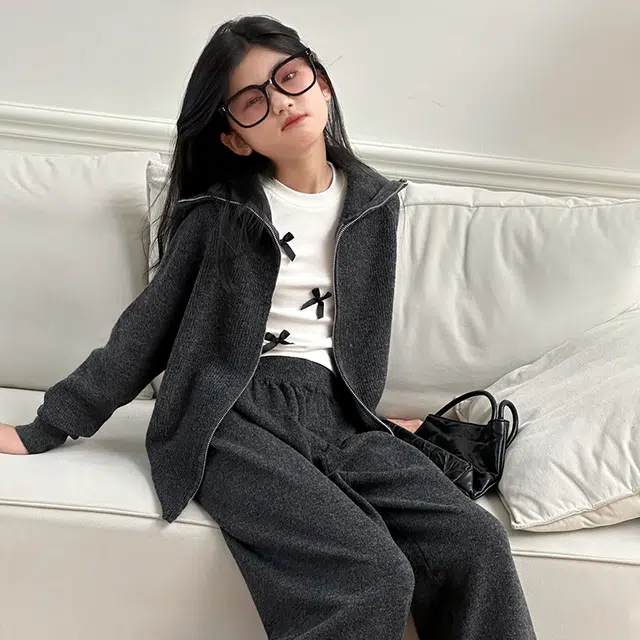 韩素伊休闲运动套装 女童秋装毛衣儿童韩版毛线开衫卫衣针织阔腿裤宝宝两件套 青少年