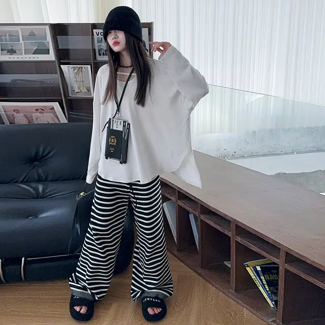 韩素伊休闲运动套装 美式复古慵懒风条纹连帽开衫外套女童秋季宽松阔腿长裤两件 青少年