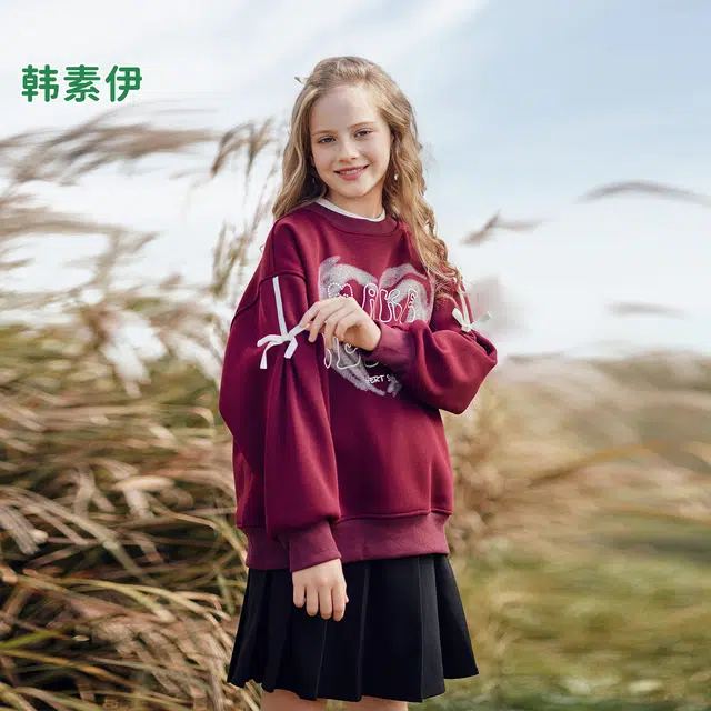 韩素伊卫衣 女童韩系字母印花蝴蝶结女宝春秋设计感加绒加厚宽松上衣冬季 青少年