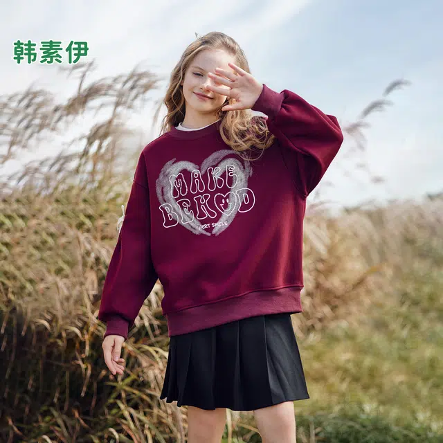 韩素伊卫衣 女童韩系字母印花蝴蝶结女宝春秋设计感加绒加厚宽松上衣冬季 青少年