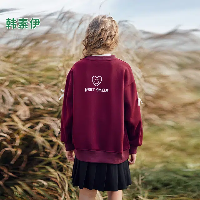 韩素伊卫衣 女童韩系字母印花蝴蝶结女宝春秋设计感加绒加厚宽松上衣冬季 青少年