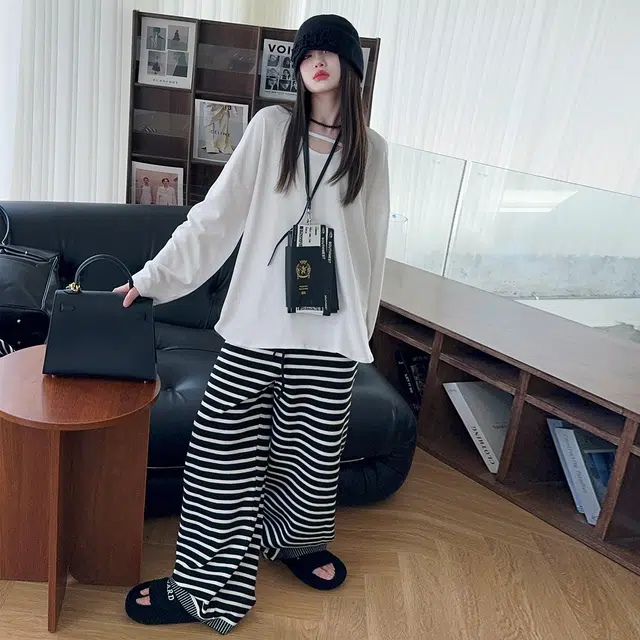 韩素伊休闲运动套装 美式复古慵懒风条纹连帽开衫外套女童秋季宽松阔腿长裤两件 青少年
