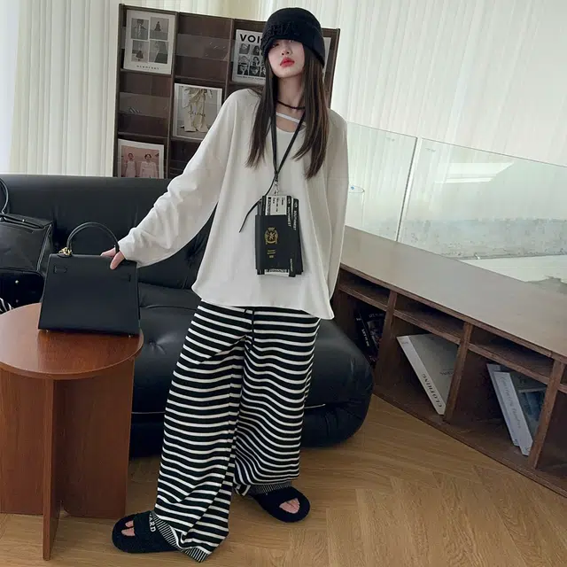 韩素伊休闲运动套装 美式复古慵懒风条纹连帽开衫外套女童秋季宽松阔腿长裤两件 青少年