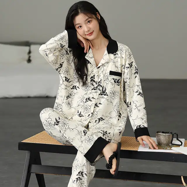 帕兰朵 翻领开衫长袖甜美大码长裤睡衣套装 女款