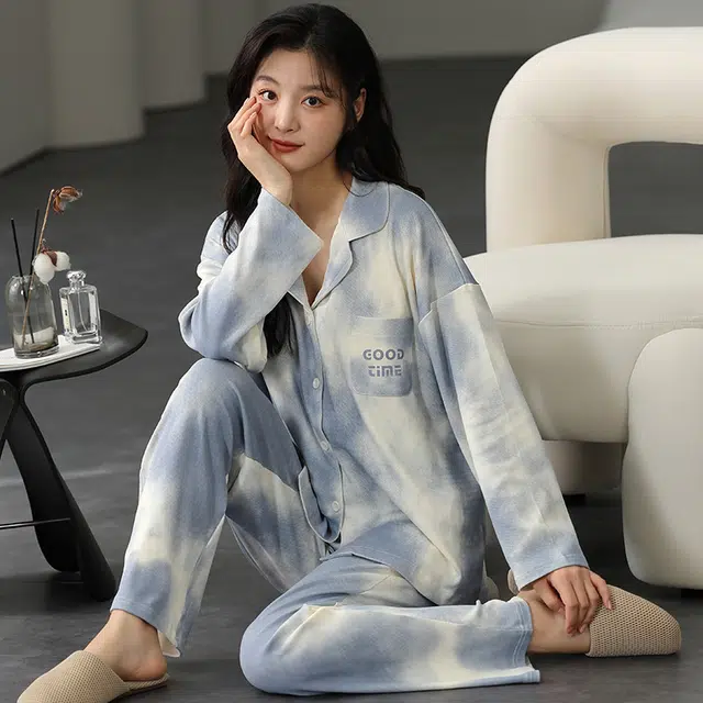 帕兰朵 翻领开衫长袖甜美大码长裤睡衣套装 女款