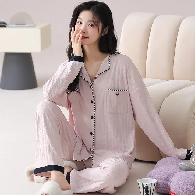帕兰朵 亲肤透气简约长袖长裤睡衣套装 女款