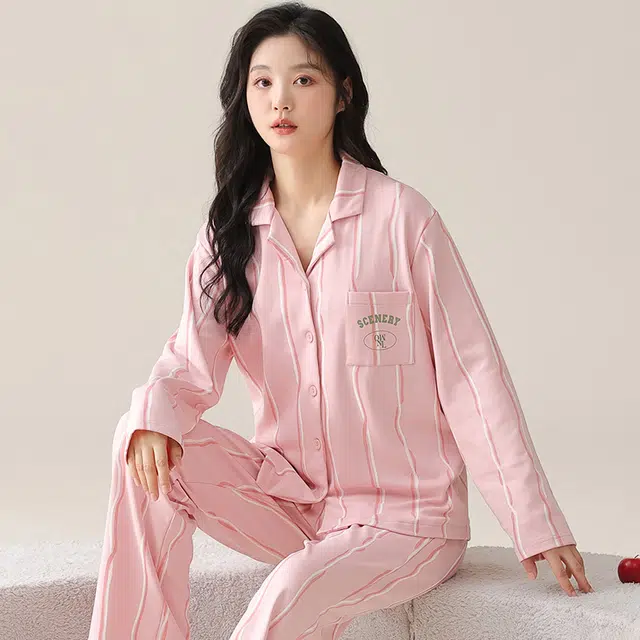 帕兰朵 简约翻领开衫长袖长裤可外穿睡衣套装 女款