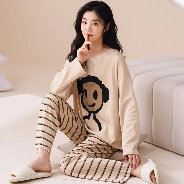 帕兰朵 简约休闲卡通长袖长裤睡衣套装 女款