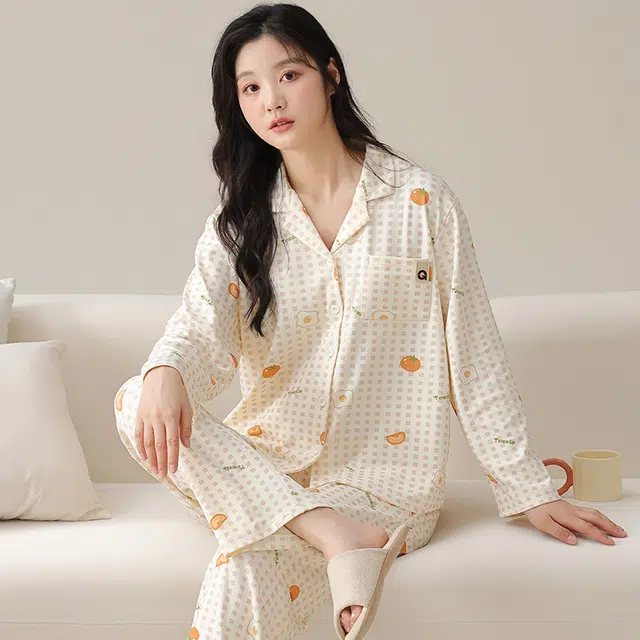 帕兰朵 简约翻领开衫长袖长裤可外穿睡衣套装 女款