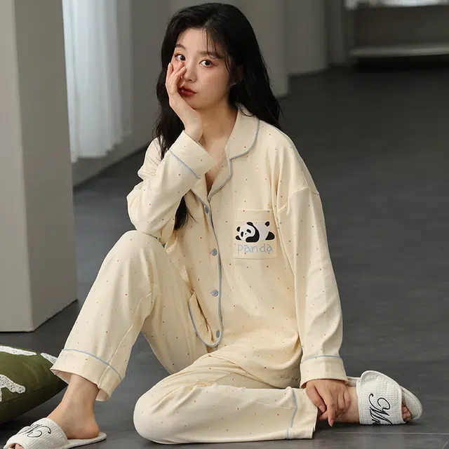 帕兰朵 翻领开衫长袖甜美大码长裤睡衣套装 女款