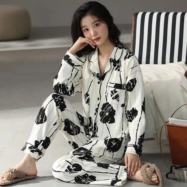 帕兰朵 翻领开衫长袖甜美大码长裤睡衣套装 女款